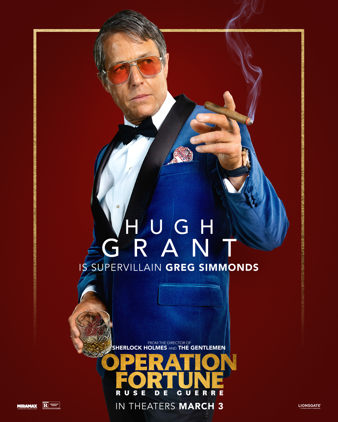 Hugh Grant is supervillain Greg Simmonds in  OPERATION FORTUNE: RUSE DE GUERRE